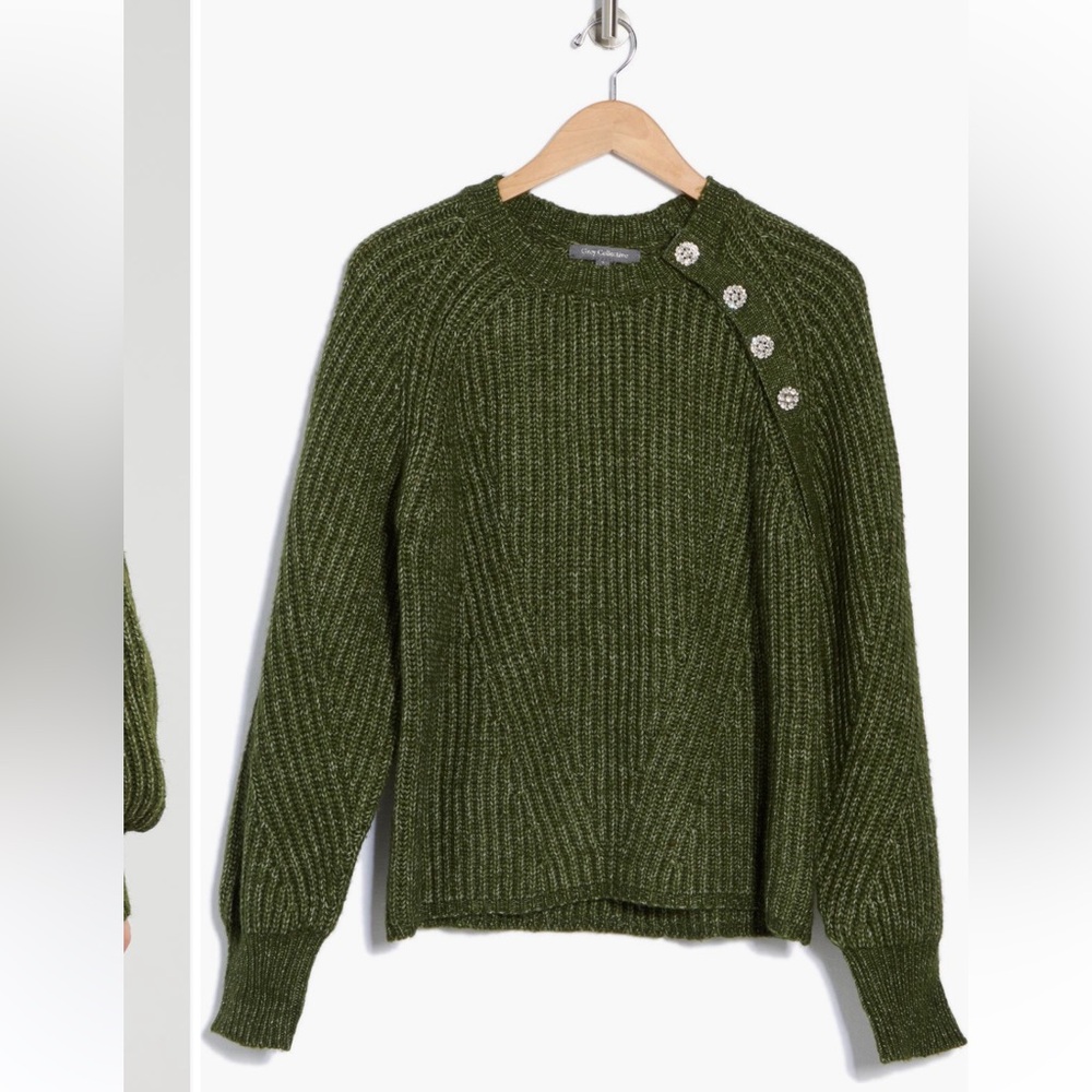 Grey Collective Rhinestone Button Crewneck Sweater